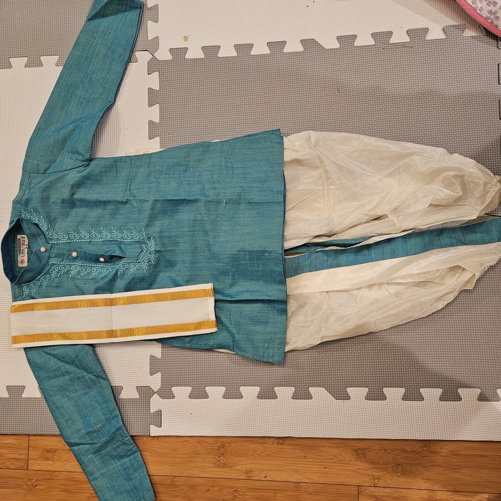 Teal Kurta Set with Cream Pants For Boy 5-6 Years